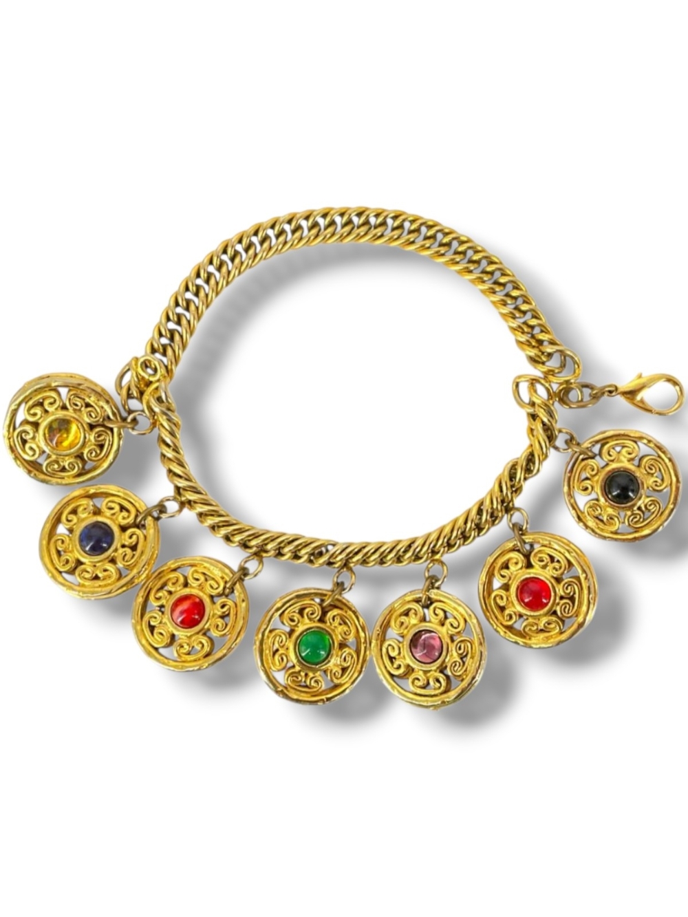 Heavy Gold Tone Unsigned Double Curb Charm Bracelet 7 Color Cabochon Stones